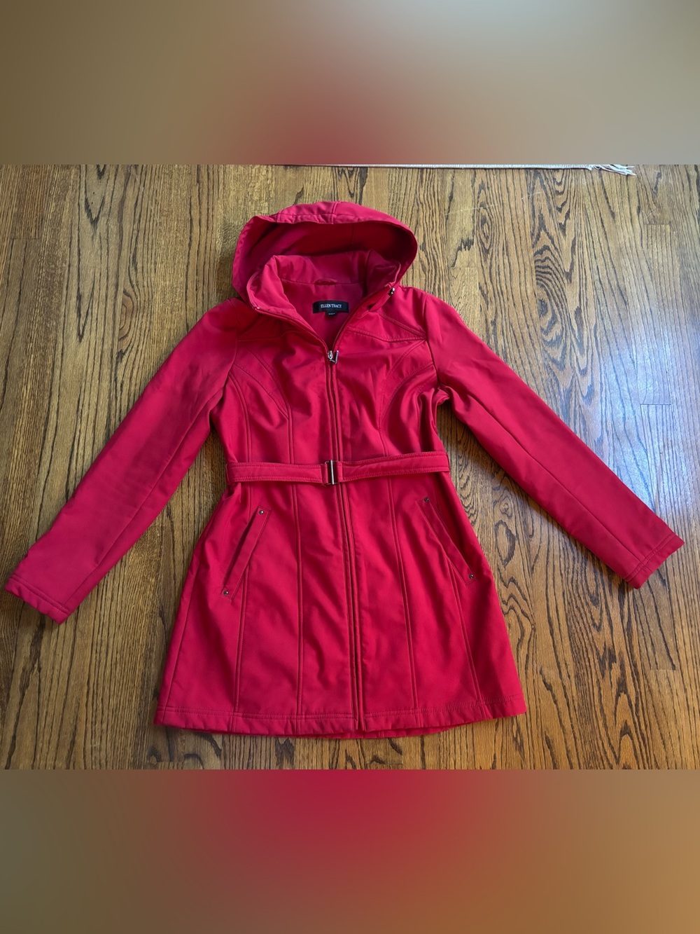 Ellen Tracy Women's Red Hooded Belted Full Zip Mid-Length Coat S